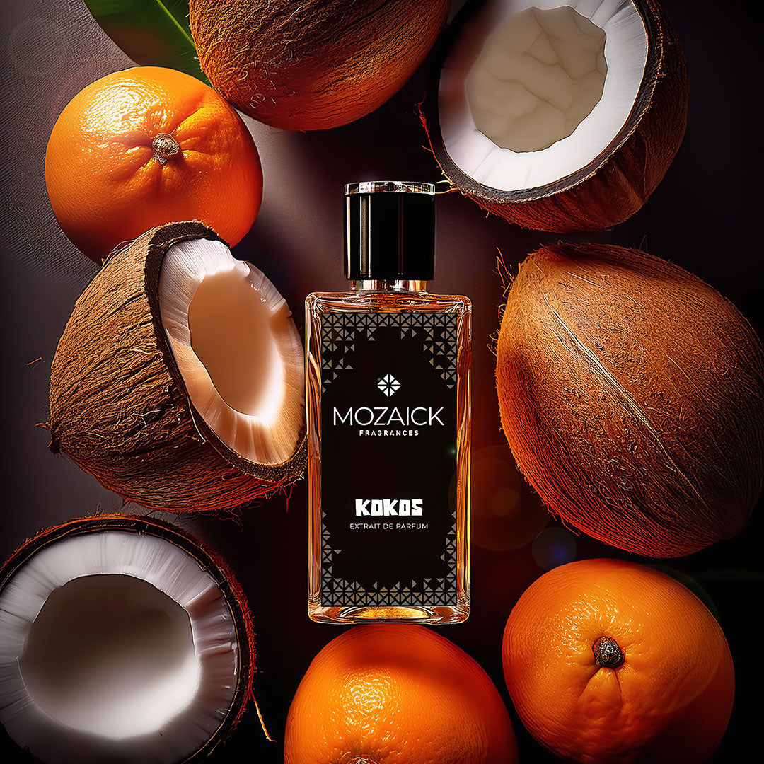 KOKOS Extrait de Parfum 50 ml by MOZAICK – bottle among coconuts and oranges